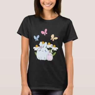 Cute Bunnies with Spring Daisies and Butterflies T-Shirt