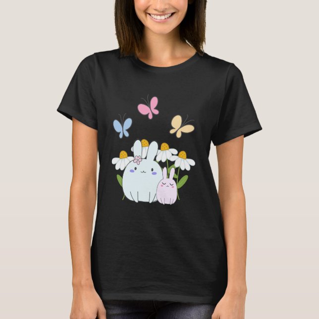 Cute Bunnies with Spring Daisies and Butterflies T-Shirt (Front)