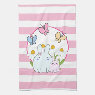 Cute Bunnies with Spring Daisies and Butterflies Tea Towel
