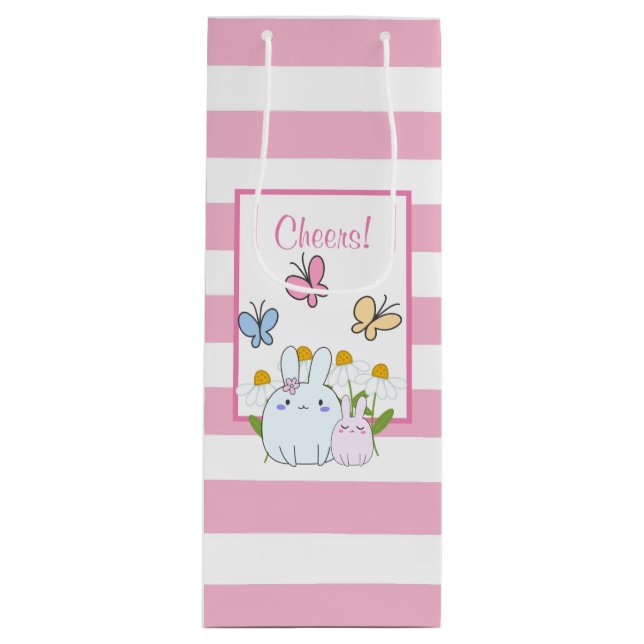 Cute Bunnies with Spring Daisies and Butterflies Wine Gift Bag (Front)