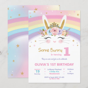 Cute Bunny 1st Birthday Girls Rainbow Rabbit Invitation