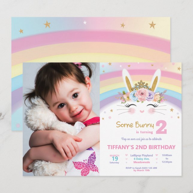 Cute Bunny 1st Birthday Girls Rainbow Rabbit Photo Invitation (Front/Back)