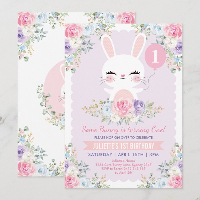 Cute Bunny 1st Birthday Spring Floral Rabbit Party Invitation (Front/Back)