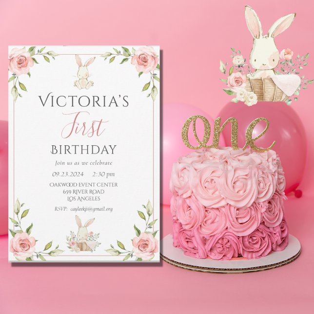 Cute Bunny 1st First Birthday Party Invitation (Creator Uploaded)