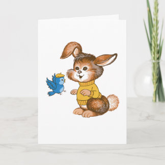 Cute Bunny and Bluebird Kids Birthday Card