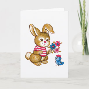 Cute Bunny and Bluebird Kids Birthday Card