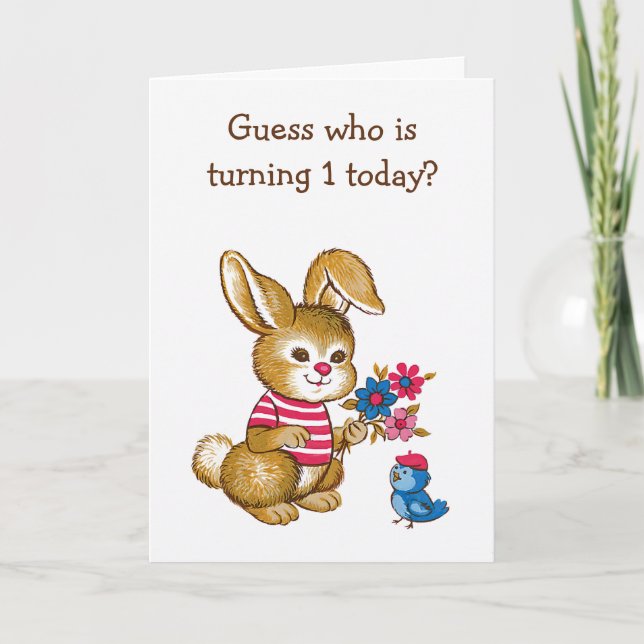 Cute Bunny and Bluebird Kids First Birthday Card (Front)