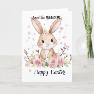 Cute bunny and cherry flowers holiday card
