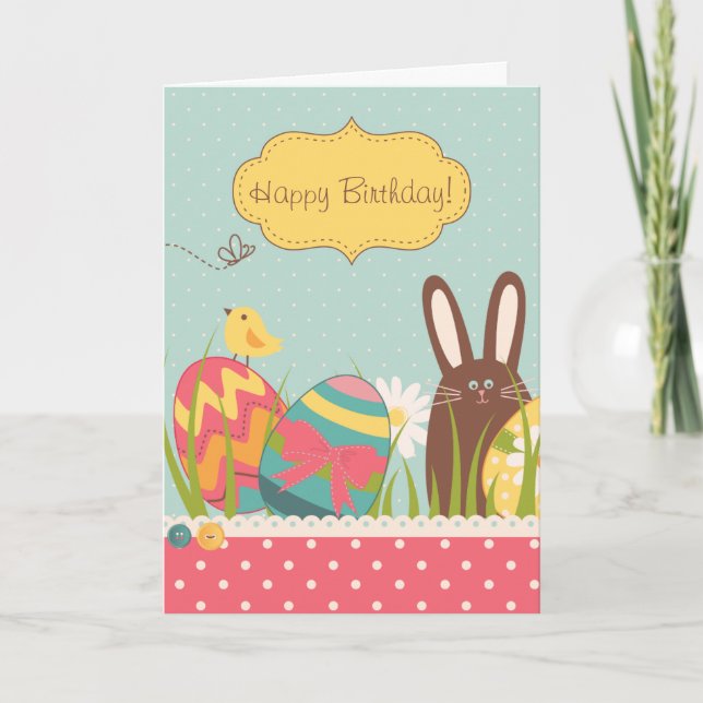 Cute Bunny and Colourful Easter Eggs Happy Birthda Holiday Card (Front)