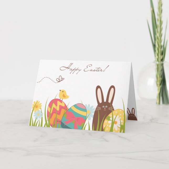Cute Bunny and Colourful Eggs Happy Easter Holiday Card (Front)