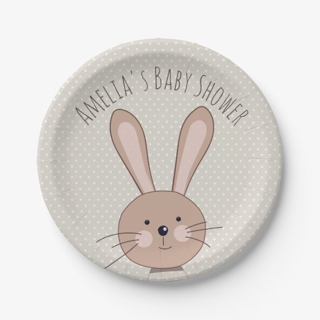 Cute Bunny and Dots Custom Baby Shower Paper Plate (Front)