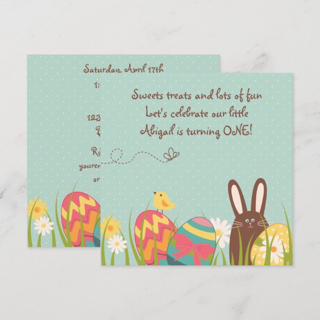 Cute Bunny and Easter Eggs 1st Birthday Invitation (Front/Back)