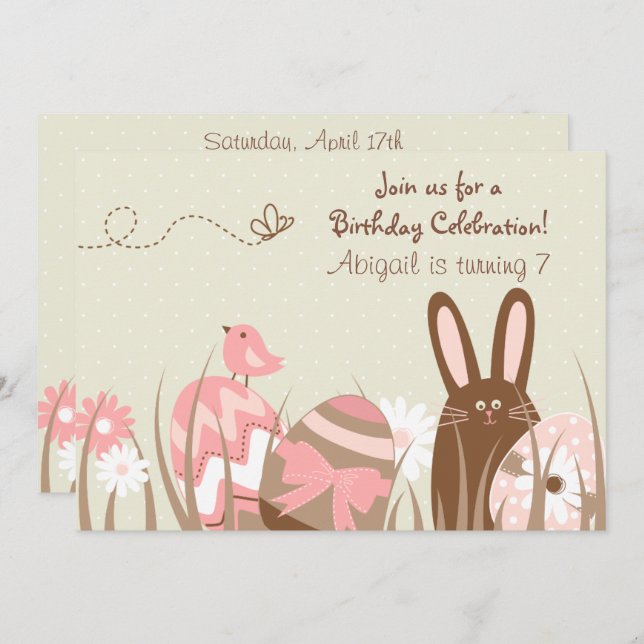 Cute Bunny and Easter Eggs Birthday Invite ~ Girls (Front/Back)