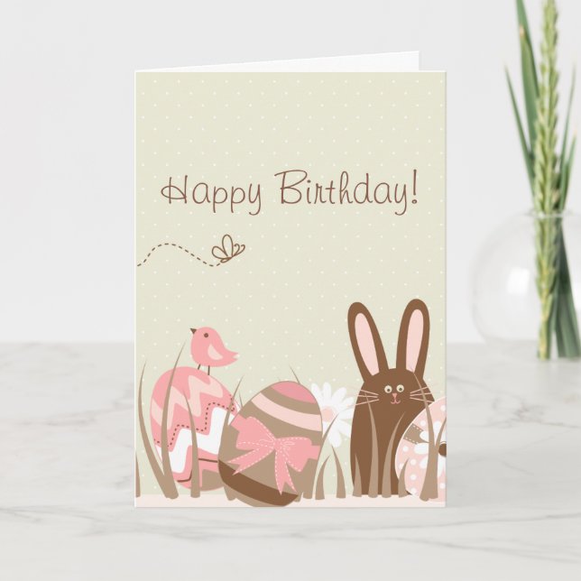 Cute Bunny and Easter Eggs Happy Birthday Card (Front)