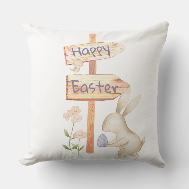 Cute Bunny and Egg Happy Easter Cushion (Front)