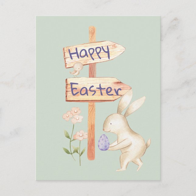 Cute Bunny and Egg Happy Easter on Pastel Green Postcard (Front)