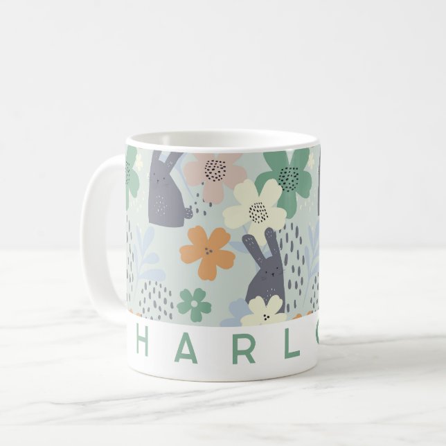 Cute Bunny and Floral Personalised Mug | Custom  (Front Left)