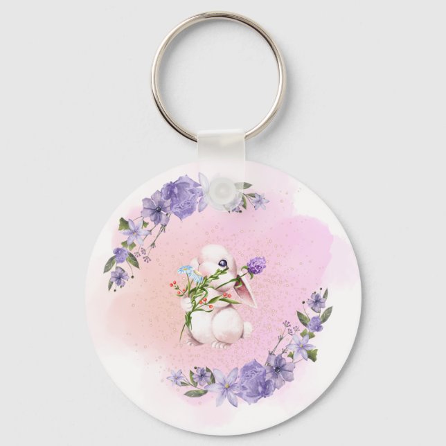 Cute Bunny and Flowers  Key Ring (Front)