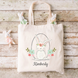 Cute Bunny and Flowers Personalised Easter Tote Bag