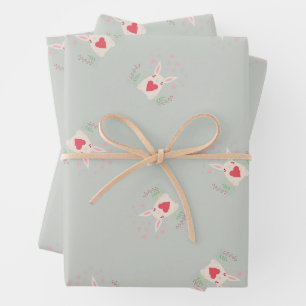 Cute bunny and hearts pattern grey wrapping paper sheet
