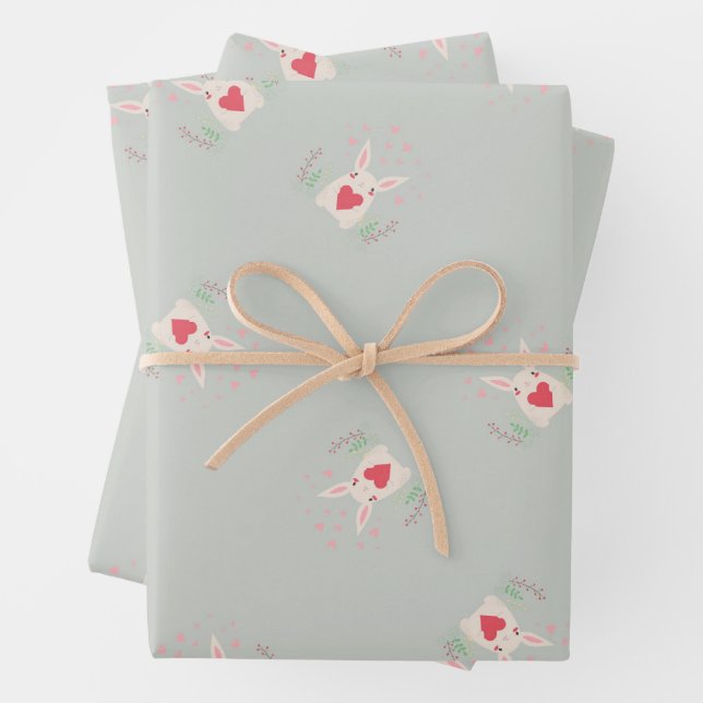 Cute bunny and hearts pattern grey wrapping paper sheet (In situ)