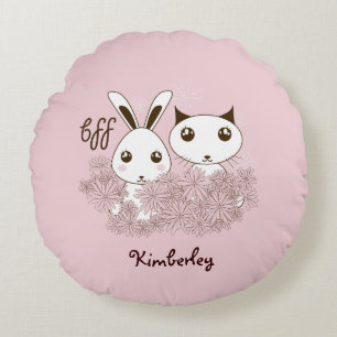 Cute Bunny and Kitten Animal Friends Kids Pink Round Cushion