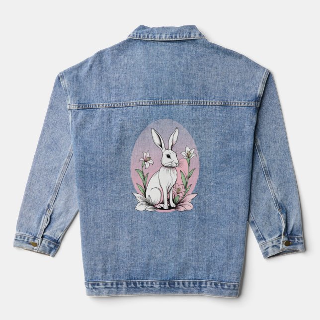 Cute Bunny and Lilies Plus Size Denim Jacket (Back)