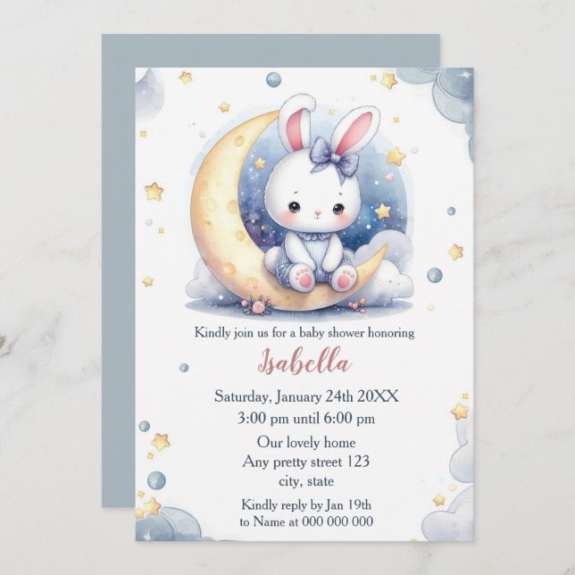 cute bunny and lovely moon baby shower invitation (Front/Back)