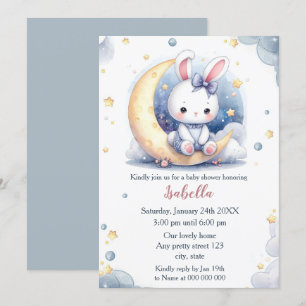 cute bunny and lovely moon baby shower invitation