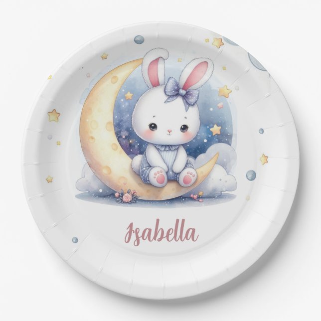 cute bunny and lovely moon  paper plate (Front)