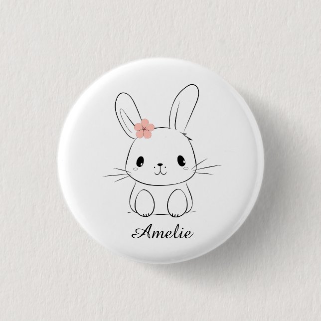 Cute bunny and pink flower 3 cm round badge (Front)