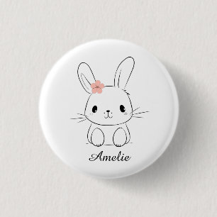 Cute bunny and pink flower 3 cm round badge