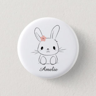 Cute bunny and pink flower 3 cm round badge