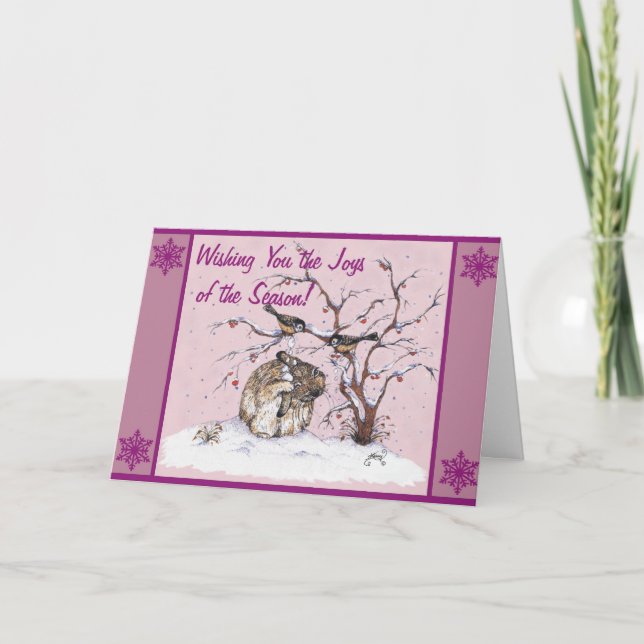 Cute Bunny and Snow Birds Holiday Card (Front)