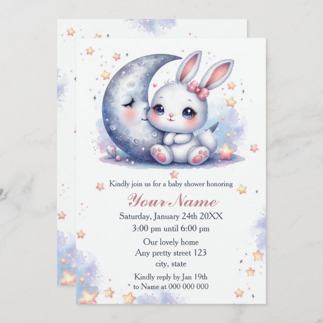 cute bunny and the moon baby shower invitation (Front/Back)
