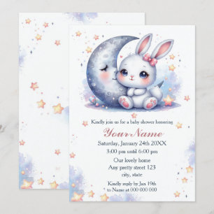 cute bunny and the moon baby shower invitation