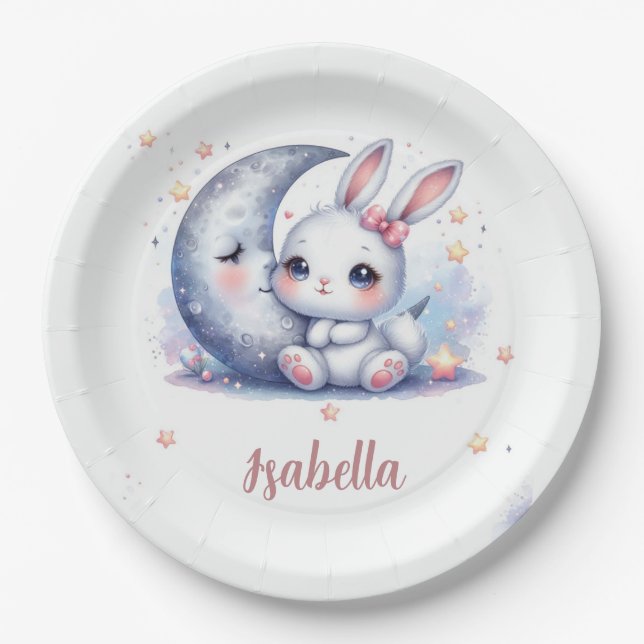 cute bunny and the moon birthday  paper plate (Front)