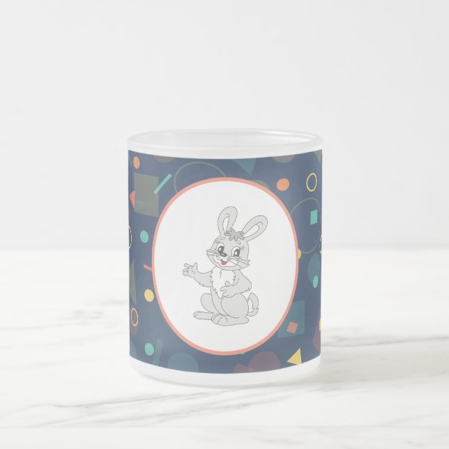 Cute Bunny Art on Navy Pattern Frosted Glass Coffee Mug (Center)