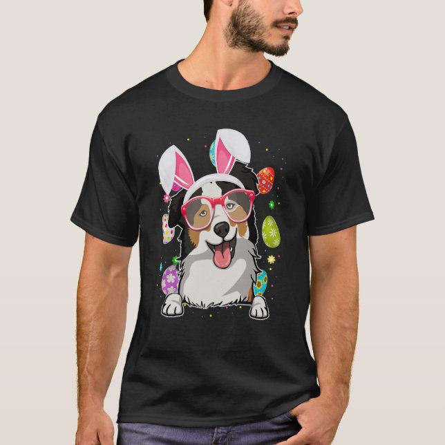 Cute Bunny Australian Shepherd Dog Face Easter Egg T-Shirt (Front)
