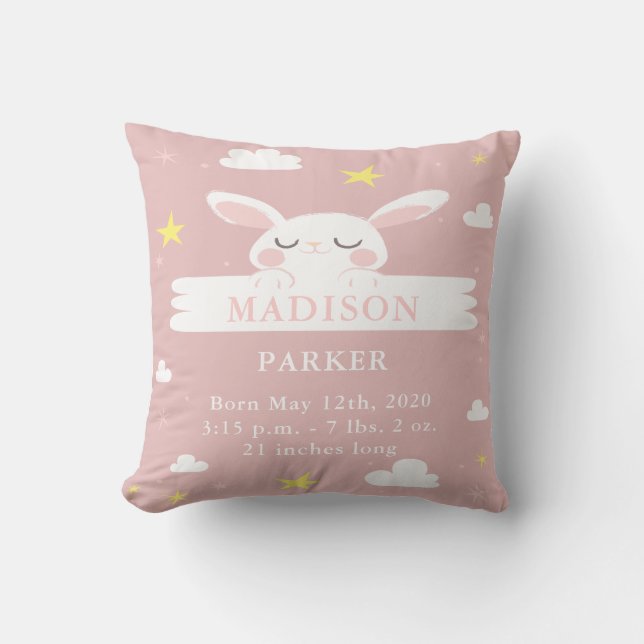 Cute Bunny Baby Girl Birth Announcement Pillow (Front)