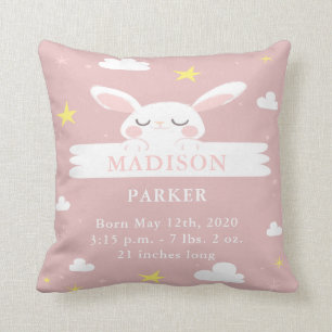 Cute Bunny Baby Girl Birth Announcement Pillow