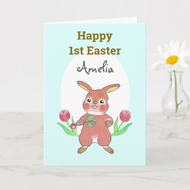 Cute Bunny Baby Happy 1st  Easter Blue Folded Card (Small Plant)