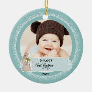 Cute Bunny Baby Photo First Christmas Ceramic Orna Tree Decoration