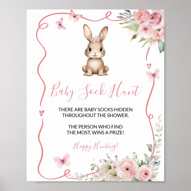 Cute Bunny Baby Shower Girl Baby Sock Hunt Poster (Front)
