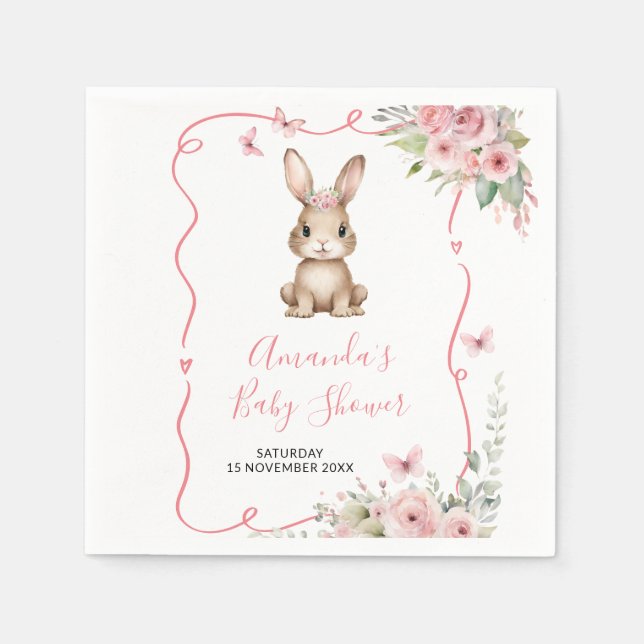 Cute Bunny Baby Shower Girl Pink Floral Paper Napkin (Front)