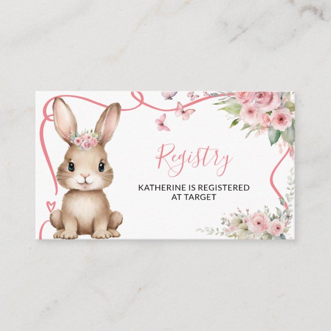 Cute Bunny Baby Shower Girl Pink Floral Registry Enclosure Card (Front)