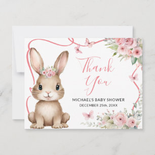 Cute Bunny Baby Shower Girl Pink Floral Thank You Card