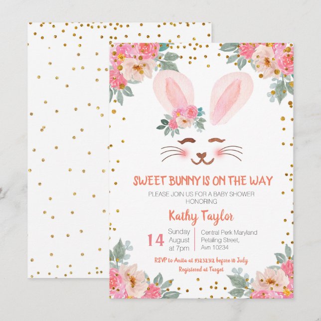Cute Bunny baby shower girls floral invitation (Front/Back)