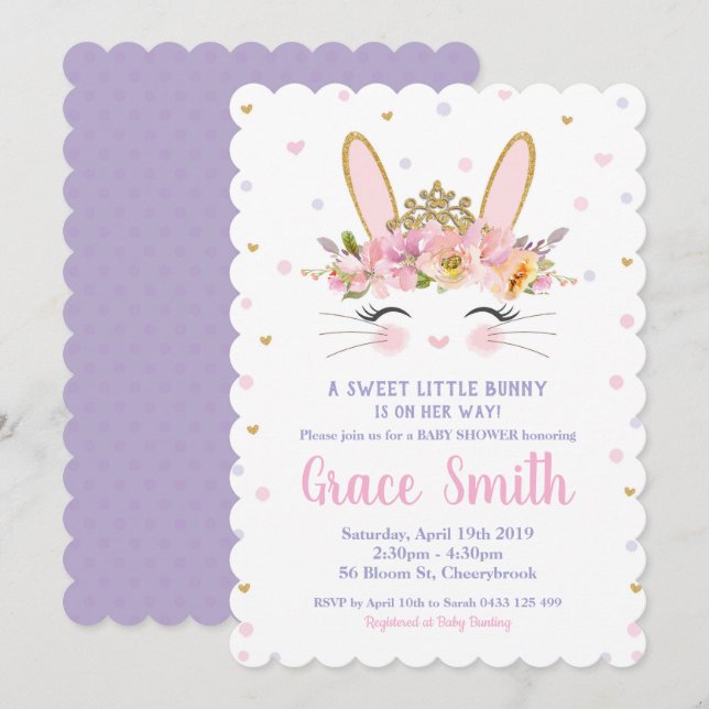 Cute Bunny Baby Shower Invitation Girl Purple (Front/Back)