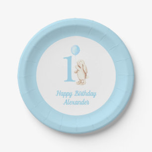 Cute Bunny & Balloon Blue Happy Birthday 1st Paper Plate